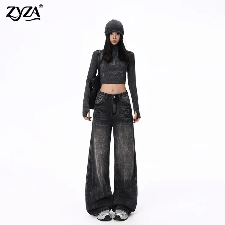 ZYZA黑灰色低腰阔腿牛仔裤女秋冬新款复古水洗宽松显瘦直筒拖地裤