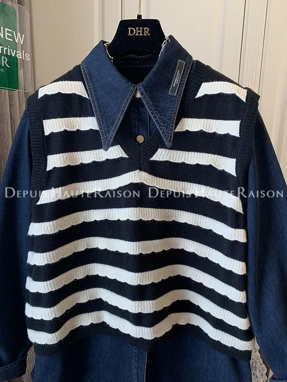 2025年慵懒风黑白条纹针织衫女春秋装新款小个子马甲背心毛衣潮流