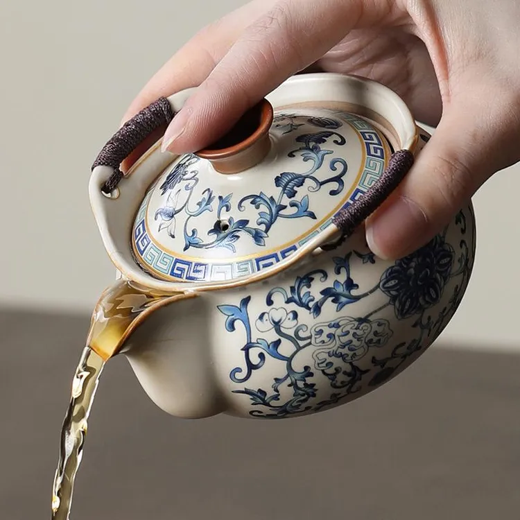 青花汝窑手抓壶盖碗茶杯大号防烫家用功夫茶具泡茶茶碗带盖子