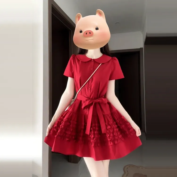 法式复古红色娃娃领连衣裙子女夏季2026新款爆款气质收腰蛋糕短裙