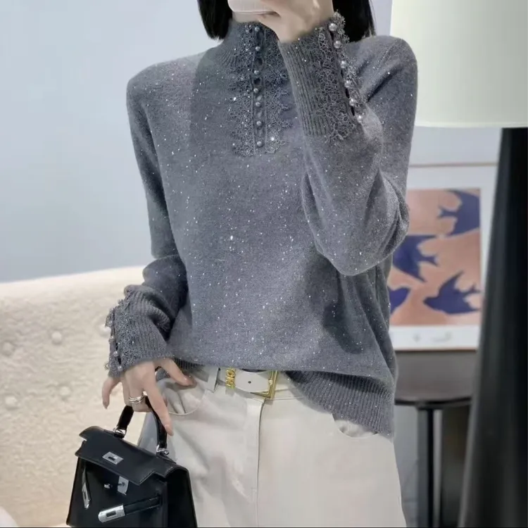 秋冬女士套头蕾丝钉珠亮片时尚洋气百搭显瘦打底保暖毛针织衫