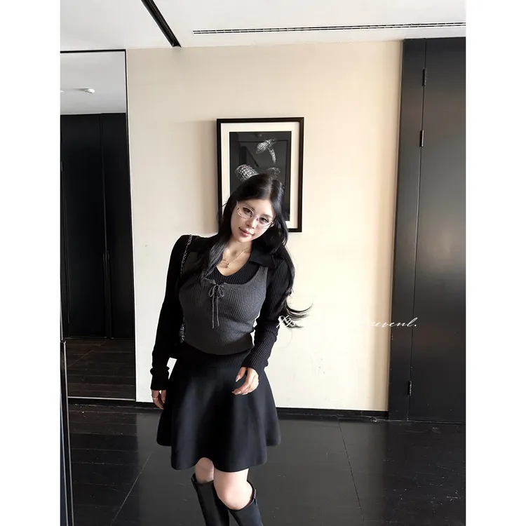 黑泽玄七气质冬日美奈羊毛混纺显瘦polo针织衫&A摆针织半裙套装