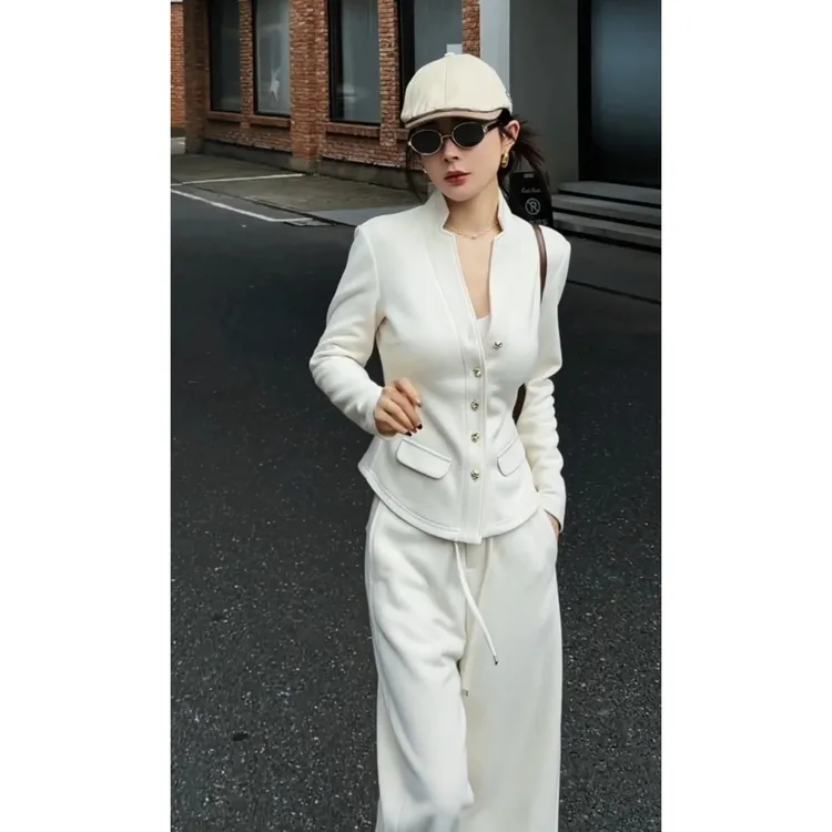 秋季新款韩系chic高级感又酷又飒名媛长袖白色上衣阔腿裤两件套装