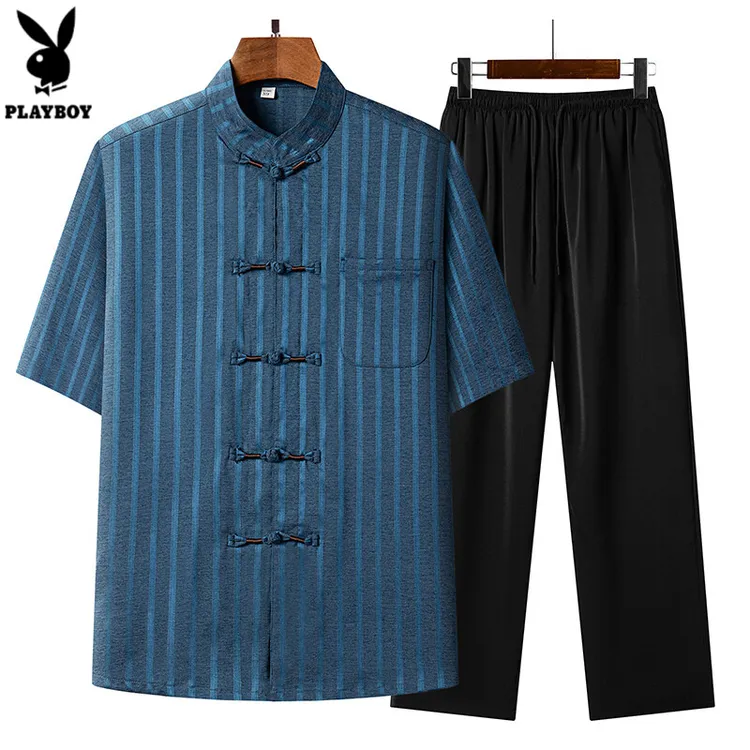 花花公子中老年人唐装爸爸装夏季短袖冰丝套装夏中国风父亲节礼物