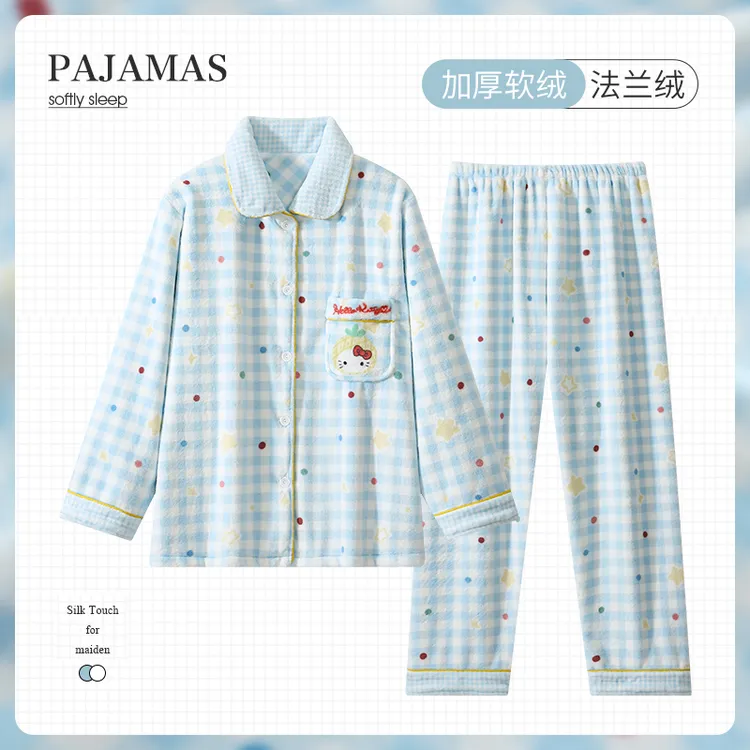 甜美可爱网红风猫咪珊瑚绒睡衣女秋冬季加绒加厚法兰绒保暖家居服