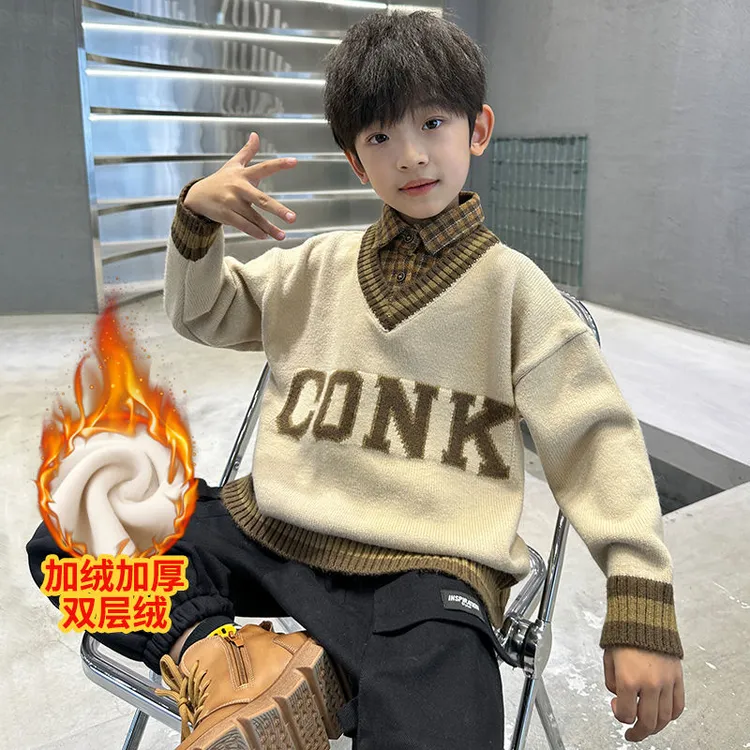 男童加绒假两件毛衣秋冬加厚裤子2024冬季儿童针织衫套装中大童