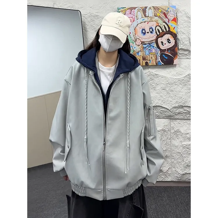 灰色假两件连帽皮衣外套男女秋冬美式复古工装夹克短款机车棒球服