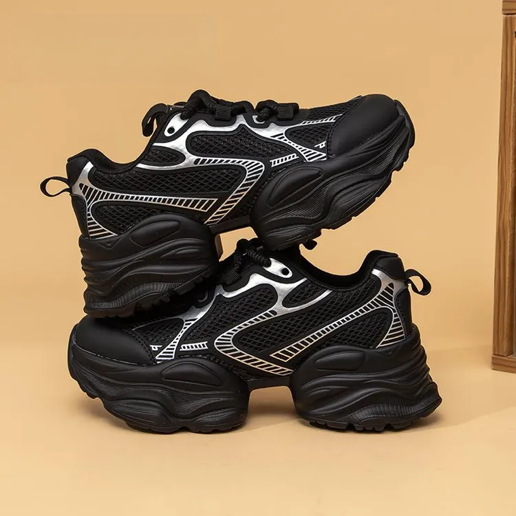 苏苏严选女鞋黑色老爹鞋女2025春夏季新款网面透气厚底运动休闲鞋