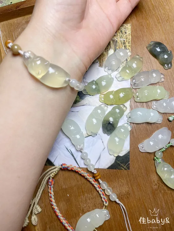 天然岫玉蛇纹石玉 水墨手工编织趴趴猫手链（选款式联系客服）