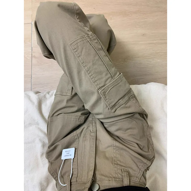秋季新款高腰卡其色工装裤女休闲直筒显瘦宽松美式高个子阔腿复古