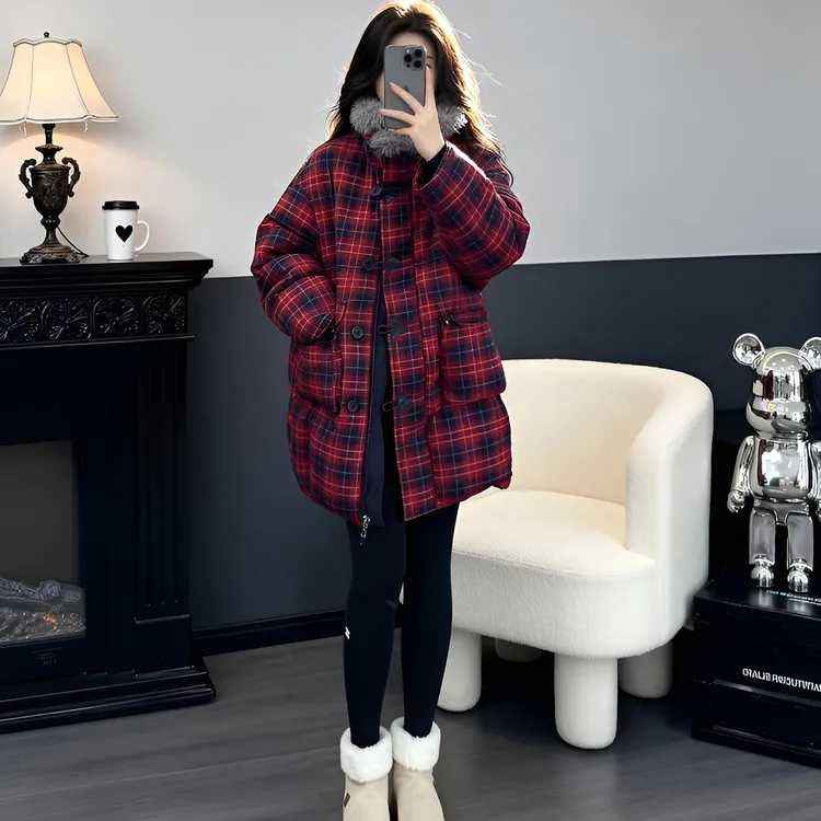 复古格纹毛毛领撞色棉服外套女冬季2025新款中长款小个子时尚棉衣
