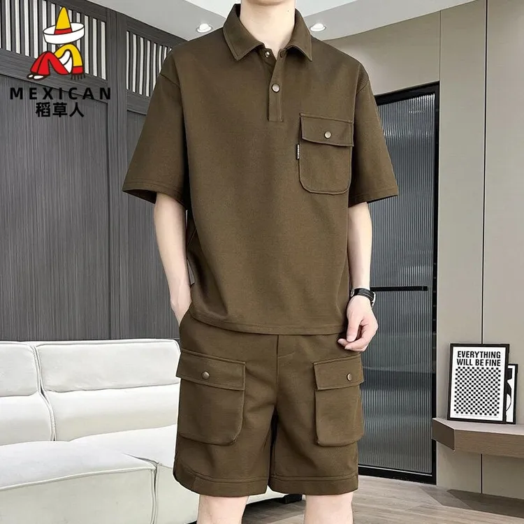 稻草人夏季休闲运动套装男士华夫短袖男款爆款2025新轻奢痞帅男装