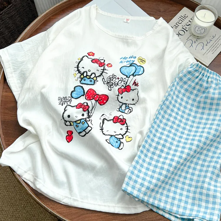 带胸垫一体睡衣女套装夏季韩版宽松可外穿胸垫学生宿舍家居服套装