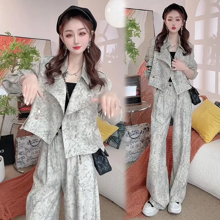 时尚套装女2025春季新款时髦洋气短外套阔腿裤休闲显瘦气质两件套