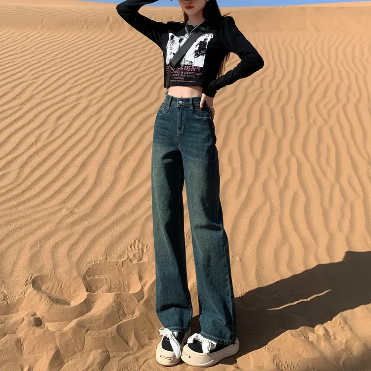 水泥灰直筒牛仔裤女2025秋冬加绒高腰显瘦小个子百搭窄版阔腿裤子