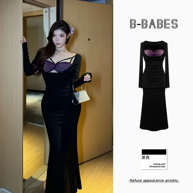 B-babes【黑紫限定】原创性感小众微胖假两件蕾丝带胸垫拼接包臀裙