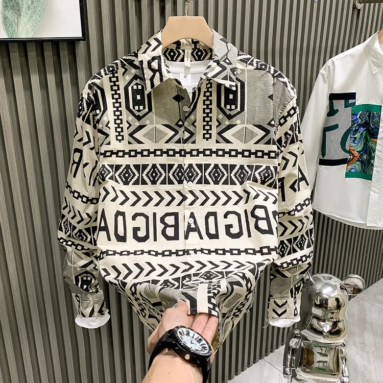 轻奢专柜品质时尚印花男装日系复古休闲百搭衬衣开衫长袖衬衫外套