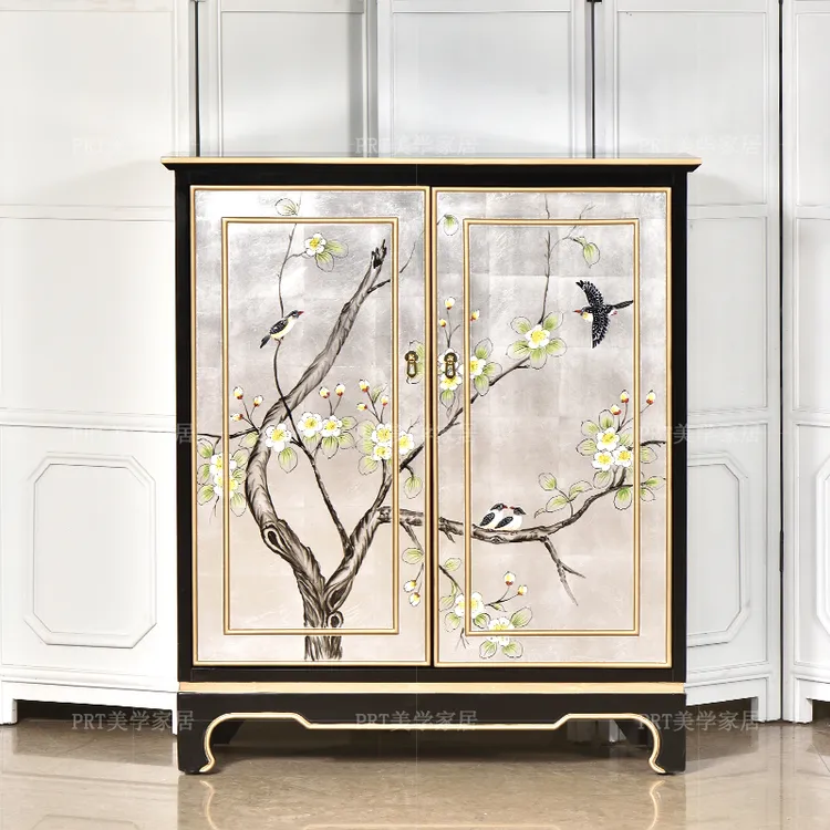 新中式银箔玄关柜复古入户鞋柜手绘花鸟柜古典收纳柜实木储物柜子