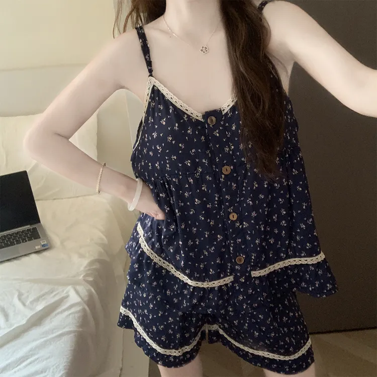 【带可拆卸胸垫】冰丝吊带睡衣女款夏季薄款凉感短裤碎花家居服套装