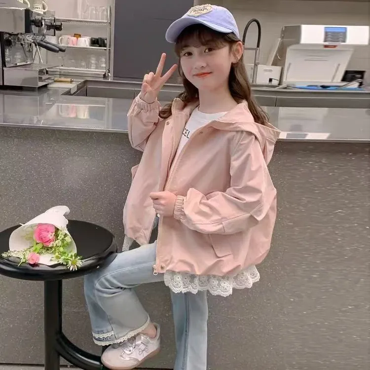 女童春装外套2025新款儿童洋气女孩春秋季连帽蕾丝边夹克甜美上衣