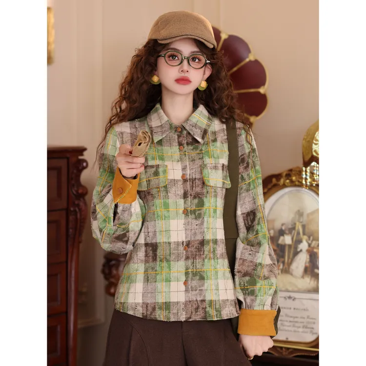 陈大器【檐角青藤】复古港风格子长袖百搭宽松上衣衬衫JH5749250