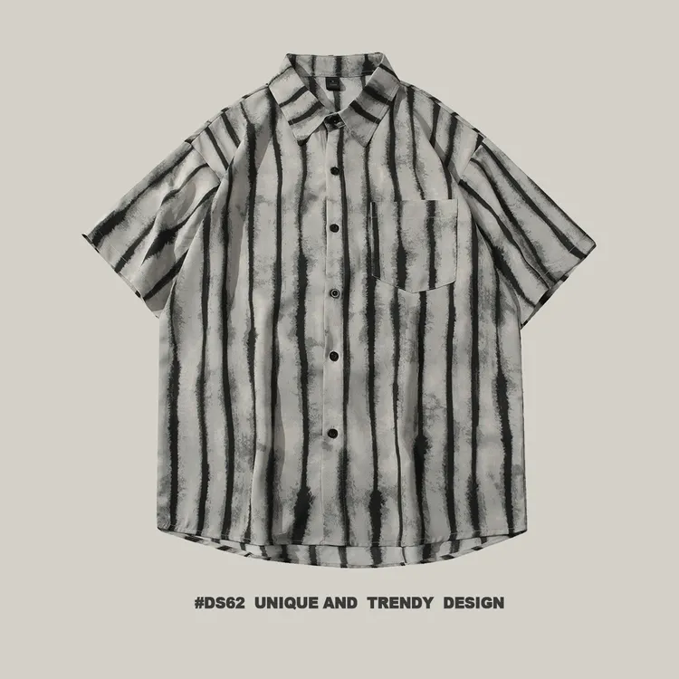 夏季冰丝条纹高级感男装薄款日系宽松休闲衬衫情侣款百搭短袖衬衣