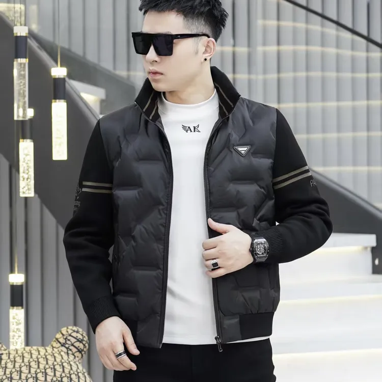 男士羽绒服休闲时尚立领针织袖拼接设计新标白鸭绒茄克型外套