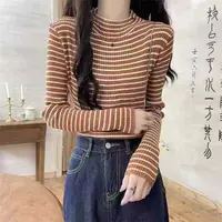 半高领针织保暖条纹老钱风染色长袖圆领修身型192