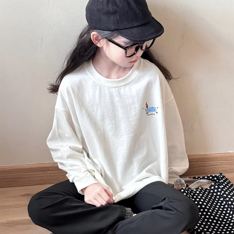 纯棉儿童T恤2025新款女童春秋简约白色长袖上衣小女孩洋气打底衫