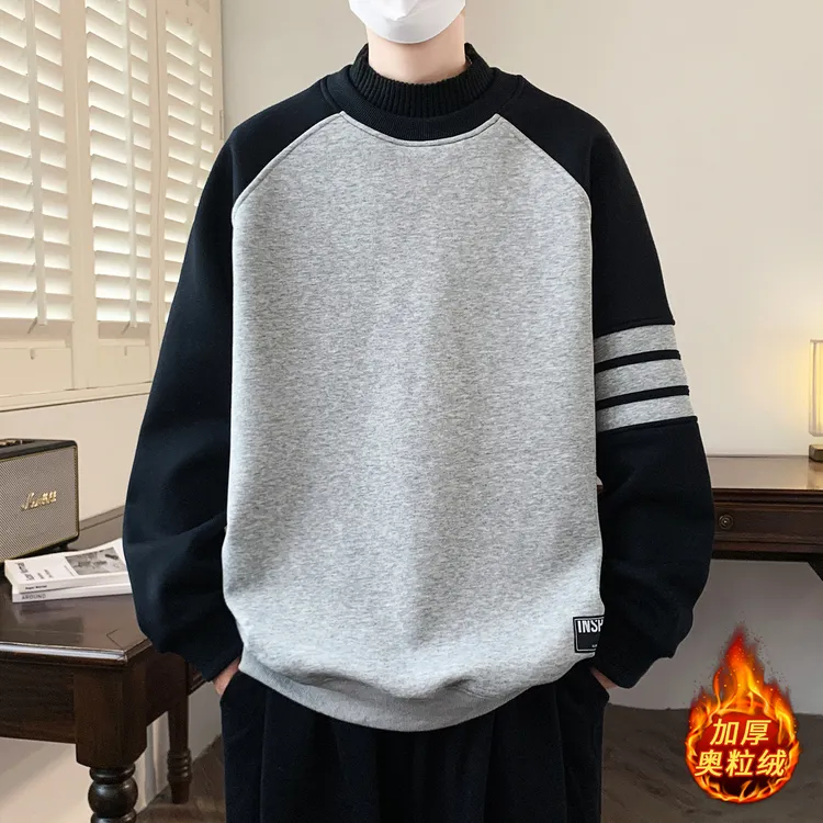 秋冬季男生美式新款宽松休闲圆领加绒加厚卫衣潮流条纹拼色打底衫