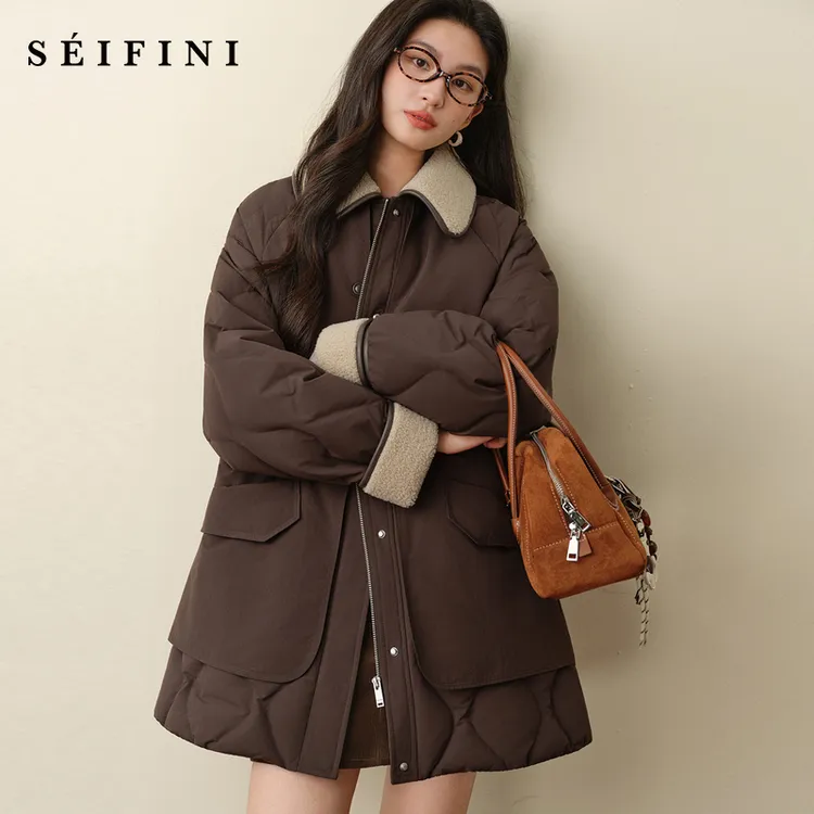 孟子义代言诗凡黎巴恩风保暖外套拼接羊羔毛领羽绒服女7GA180051