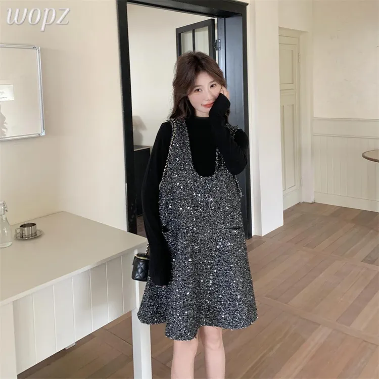 高级感灰色亮片小香风背心裙连衣裙女春秋套装裙两件套小个子重工