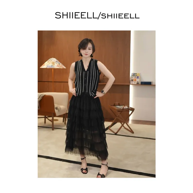 SHIIEELL法式优雅黑色洋气休闲千金清冷感蓬蓬纱蛋糕半身裙ZS107