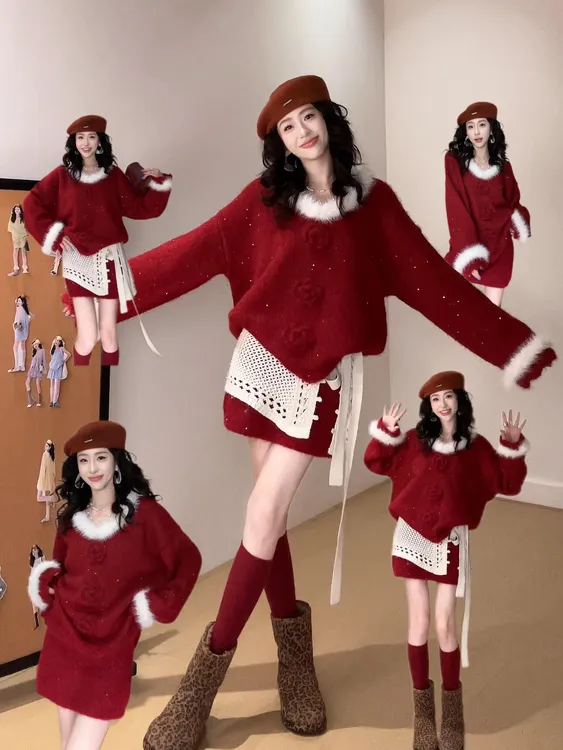 韩系秋冬穿搭套装慵懒风立体花朵毛领针织毛衣高腰半身裙两件套女