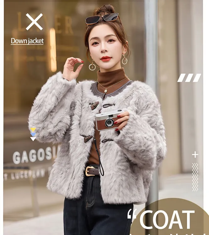 人造皮草 休闲风女士上衣毛绒短外套时尚短款加厚马蹄袖冬季新款
