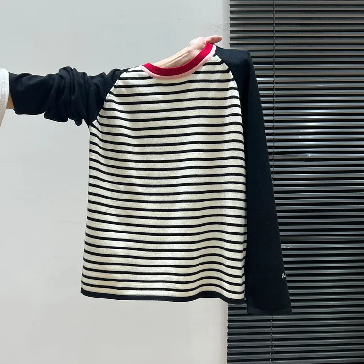 黑白条纹撞色毛针织衫女秋季新款韩系穿搭圆领宽松慵懒感上衣