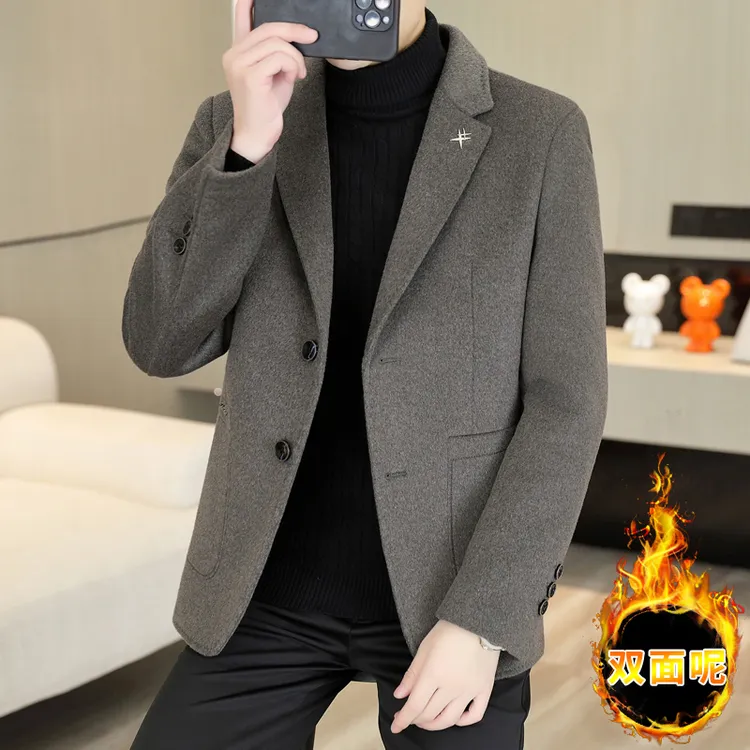 高档秋冬季双面羊毛呢西服外套男士时尚保暖潮流呢子大衣男装866