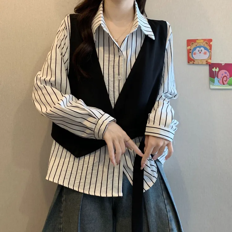 大码设计感假两件条纹长袖衬衫女春秋微胖MM宽松显瘦百搭洋气上衣