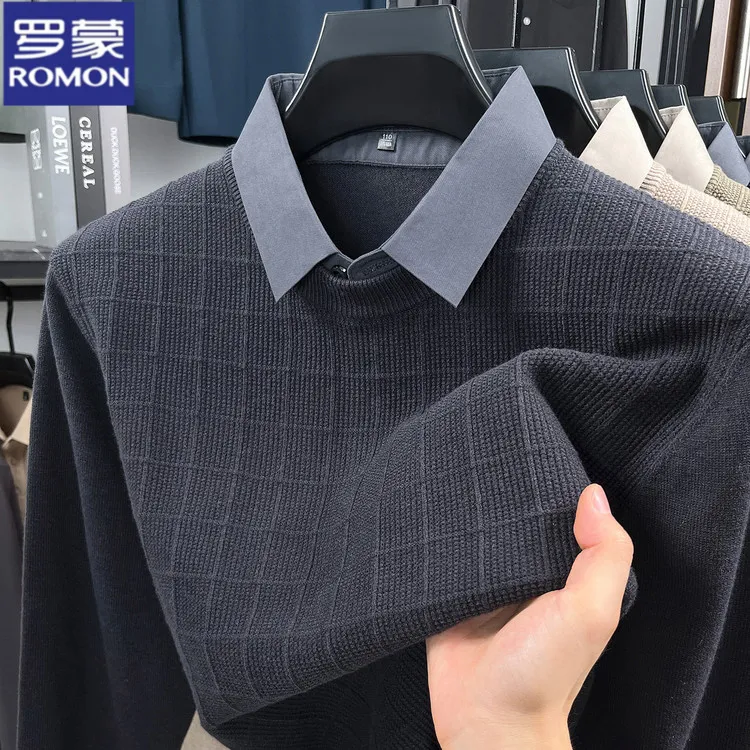 罗蒙秋冬新款男士翻领长袖假两件针织衫休闲百搭宽松商务打底毛衣