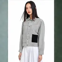 有拆标痕迹水洗宽松短款撞色夹克皮质拼接口袋牛仔外套25090541