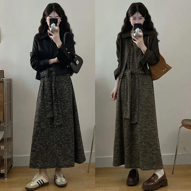 大码胖mm女装秋季百搭收腰显瘦连衣裙翻领宽松显瘦外套套装女