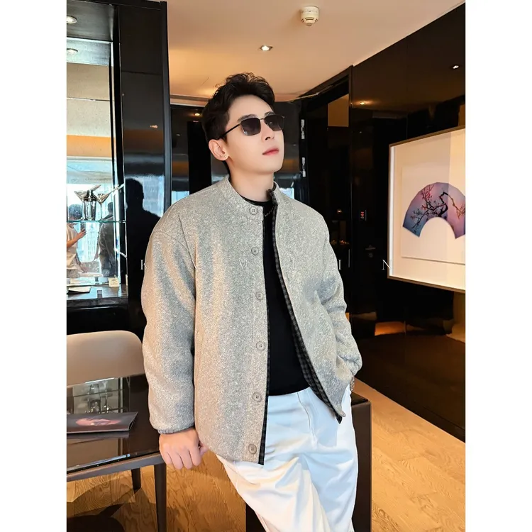 「羊毛呢子90白鸭绒」冬季老钱风立领新国标保暖亨利领假两件羽绒服