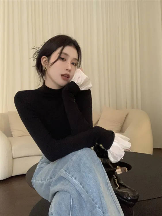 独特漂亮小衫黑色半高领长袖打底衫t恤女秋冬内搭修身显瘦上衣潮
