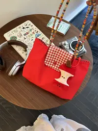 新款韩系大容量红色单肩手提格子帆布包百搭学生通勤休闲托特包女