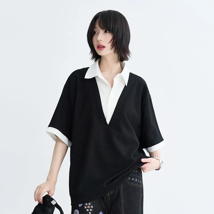 万有引力博物馆 假两件撞色衬衫领短袖T恤女夏季2025新款宽松上衣