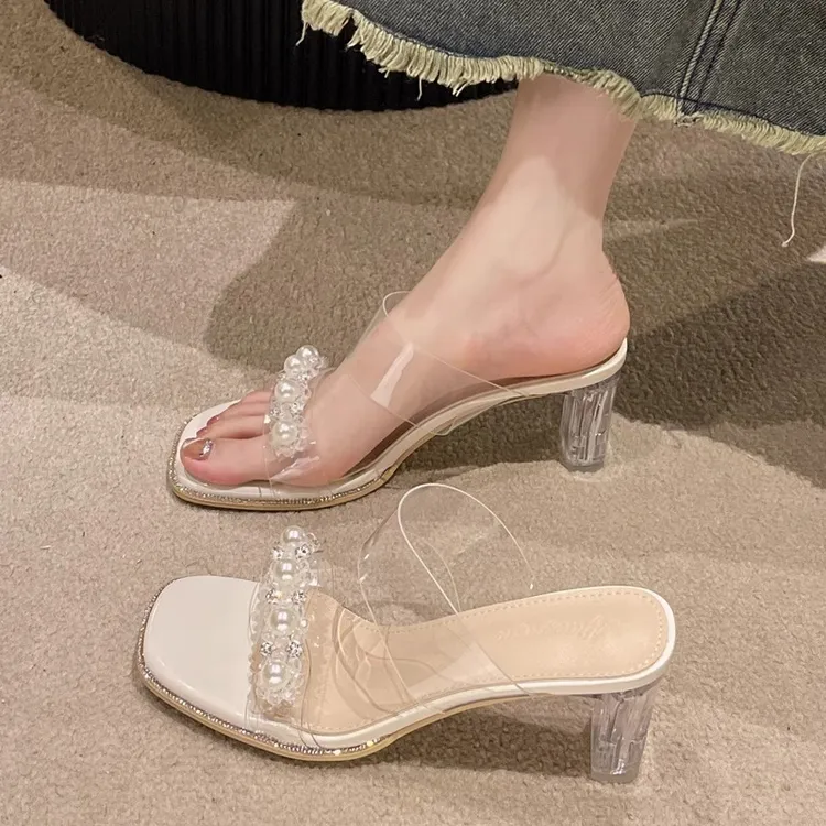 高跟鞋女2025年夏季新款透明中跟时装百搭凉鞋粗跟外穿水钻凉拖鞋
