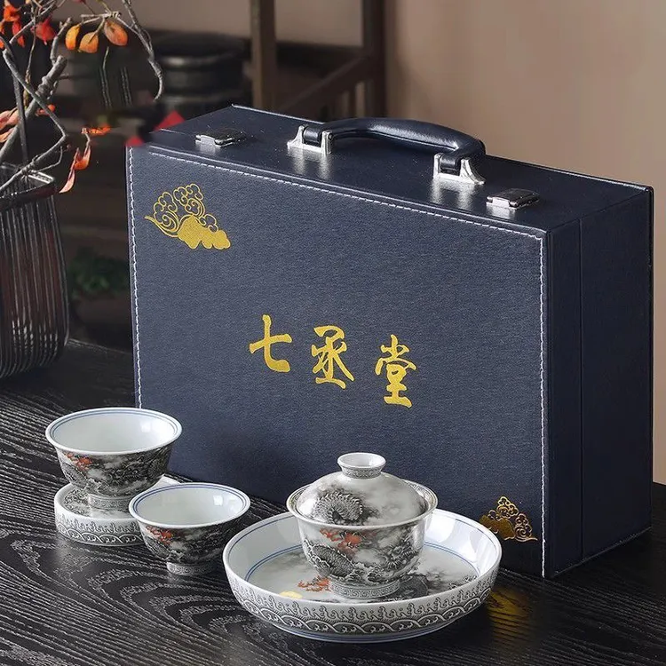 景德镇七丞堂墨龙描金堆白重工高温釉下釉中茶具套装盖碗茶杯家用