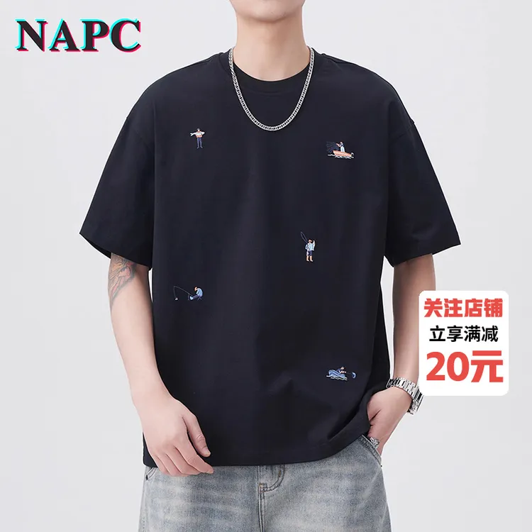 NAPC圆领纯棉短袖t恤男夏季2025新款刺绣刺绣趣味小标半袖上衣潮