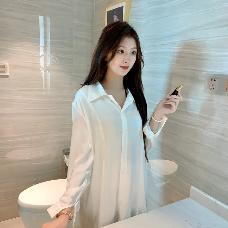 性感V慵懒冰雪丝蕾丝假两件宽松家居服纯欲长袖薄款两件套
