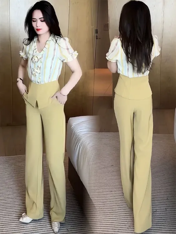 时尚套装女2025夏季新款洋气显瘦短袖上衣阔腿裤两件套